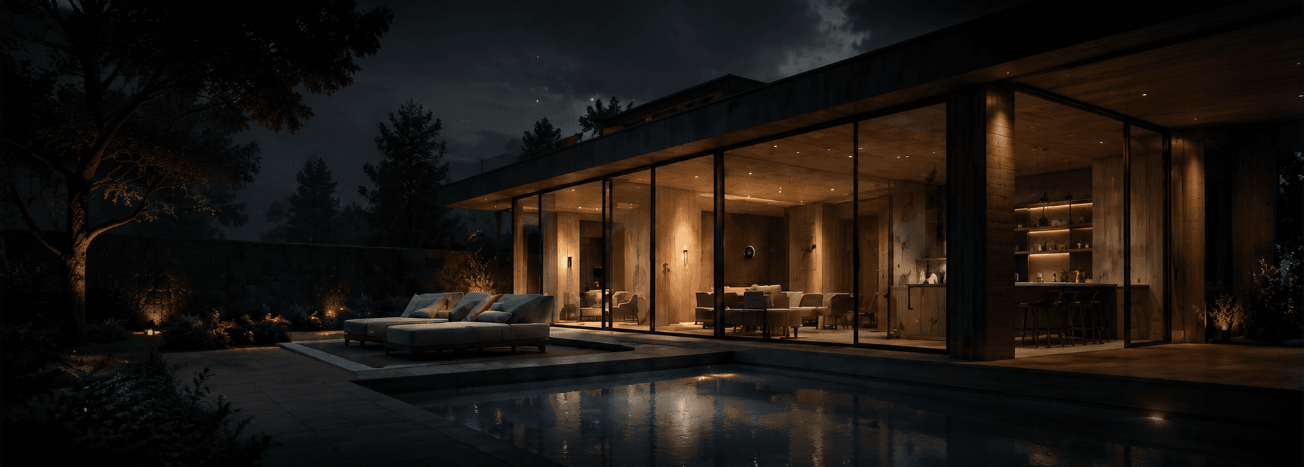 Luxury pool villa at midnight