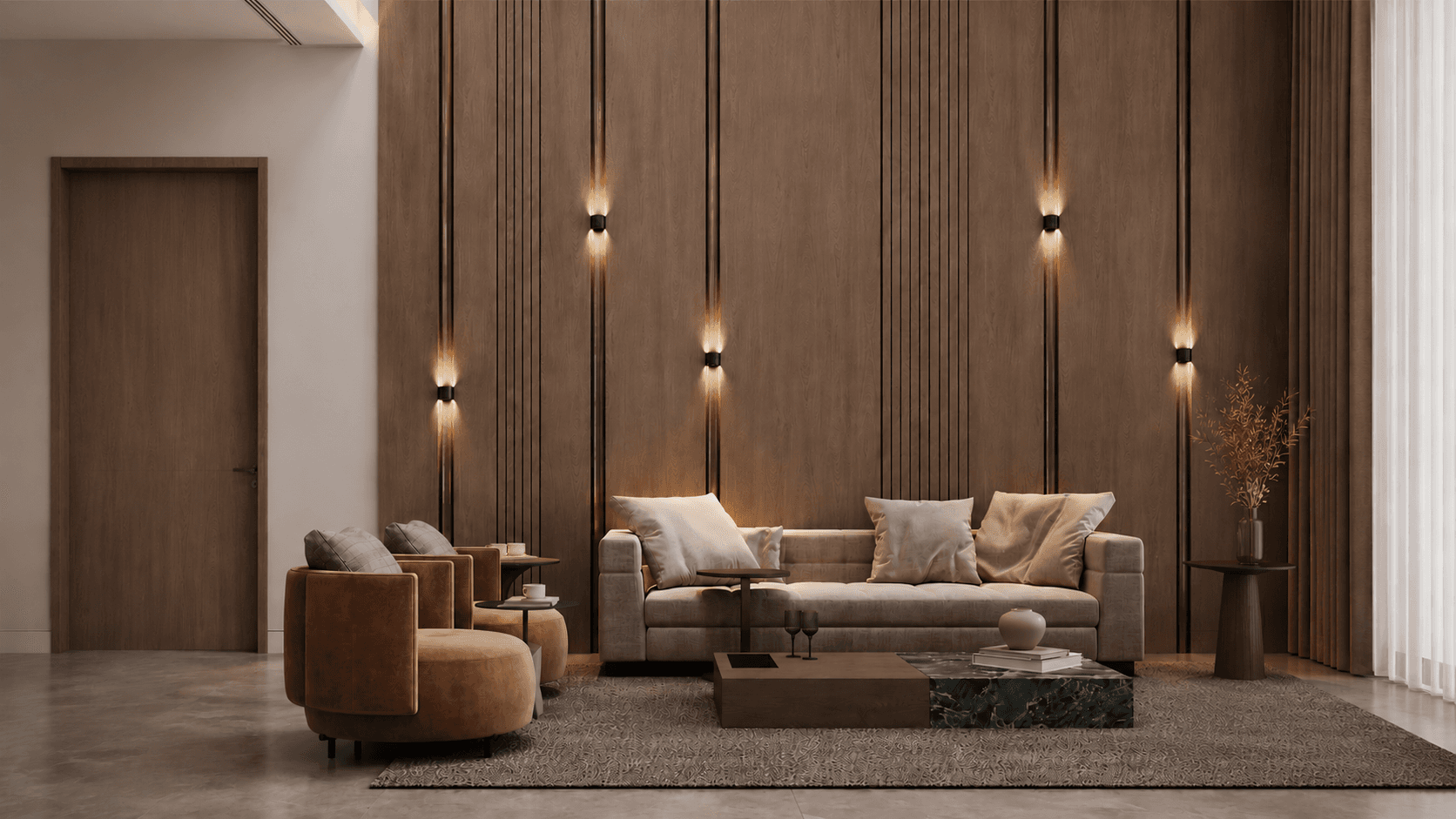 A premium resort suite designed with warm ambient illumination