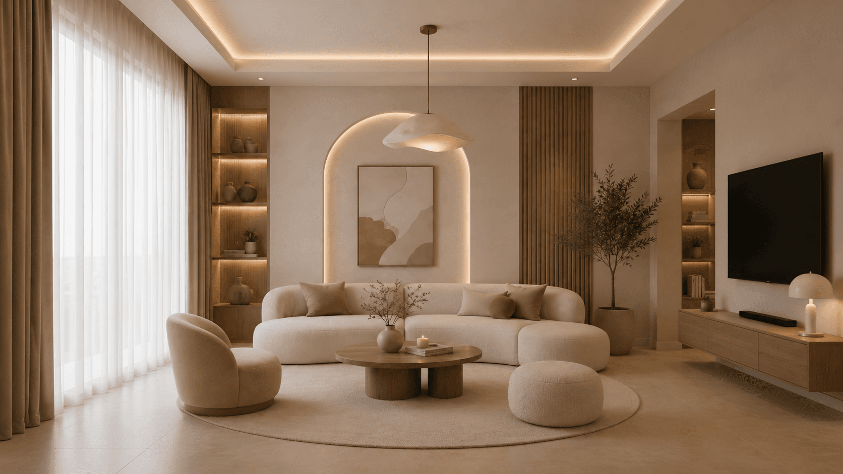 Warm, minimalist living room with elegant archways and curved sofa
